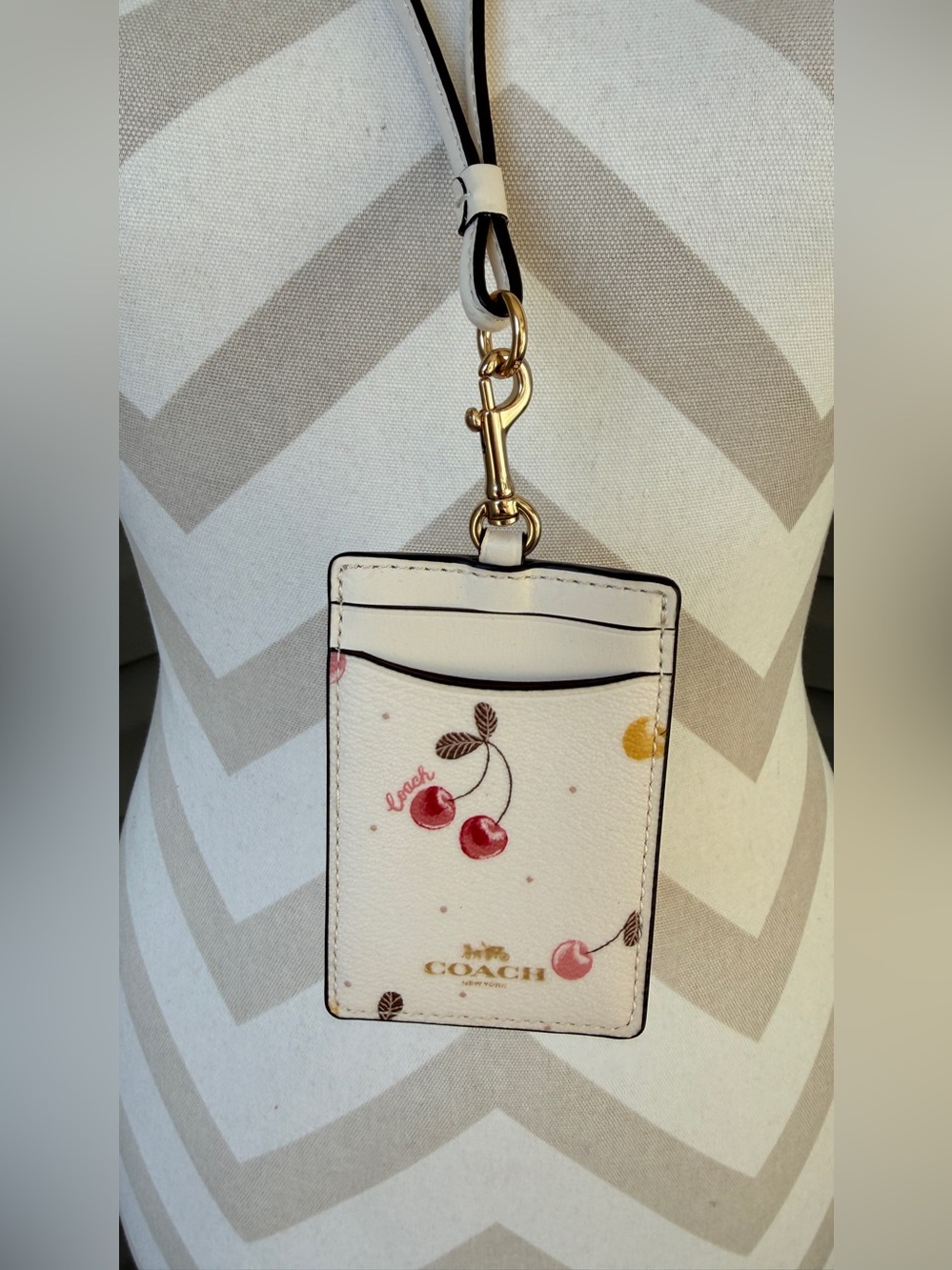 Coach White Cherry Print Leather ID Holder with Gold Hardware - Picture 1 of 4